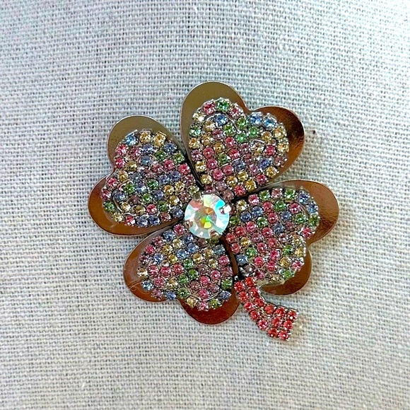 Rebekah Price Lucky Clover Silver and Multicolour Swarovski Crystal Brooch - Picture 12 of 13